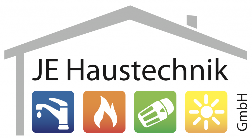 Ein Logo mit einem Haus und 4 Icons und der Schrift JE Haustechnik GmbH