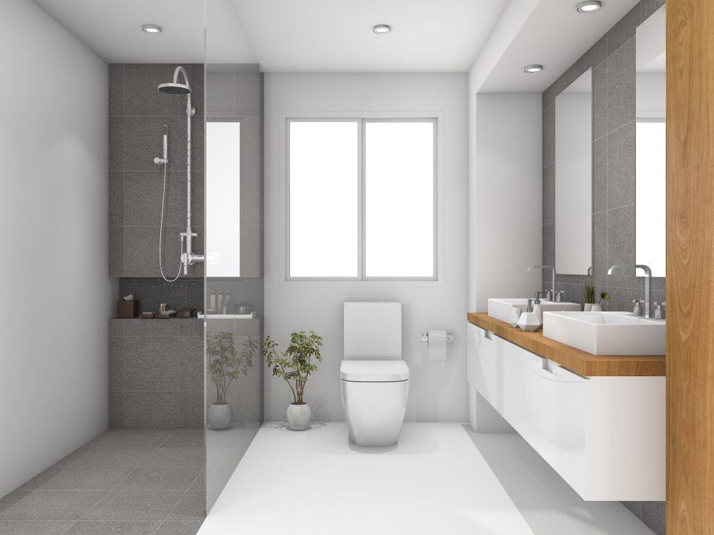 3D Rendering von einem modernen Bad mit begehbarer Dusche, Doppelwaschbecken und wandhängender Toilette – zeitgemäße Badsanierung und Sanitärinstallation vom Fachbetrieb
